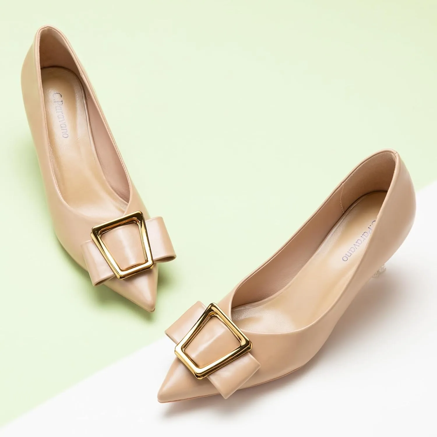 C.Paravano Women's Kitten Heel Pumps-Pointed Toe Wedding Shoes with Metal Buckle|Breathable Soft Leather for Office Attire, Cocktail Parties,Date Nights, Spring/Summer Events