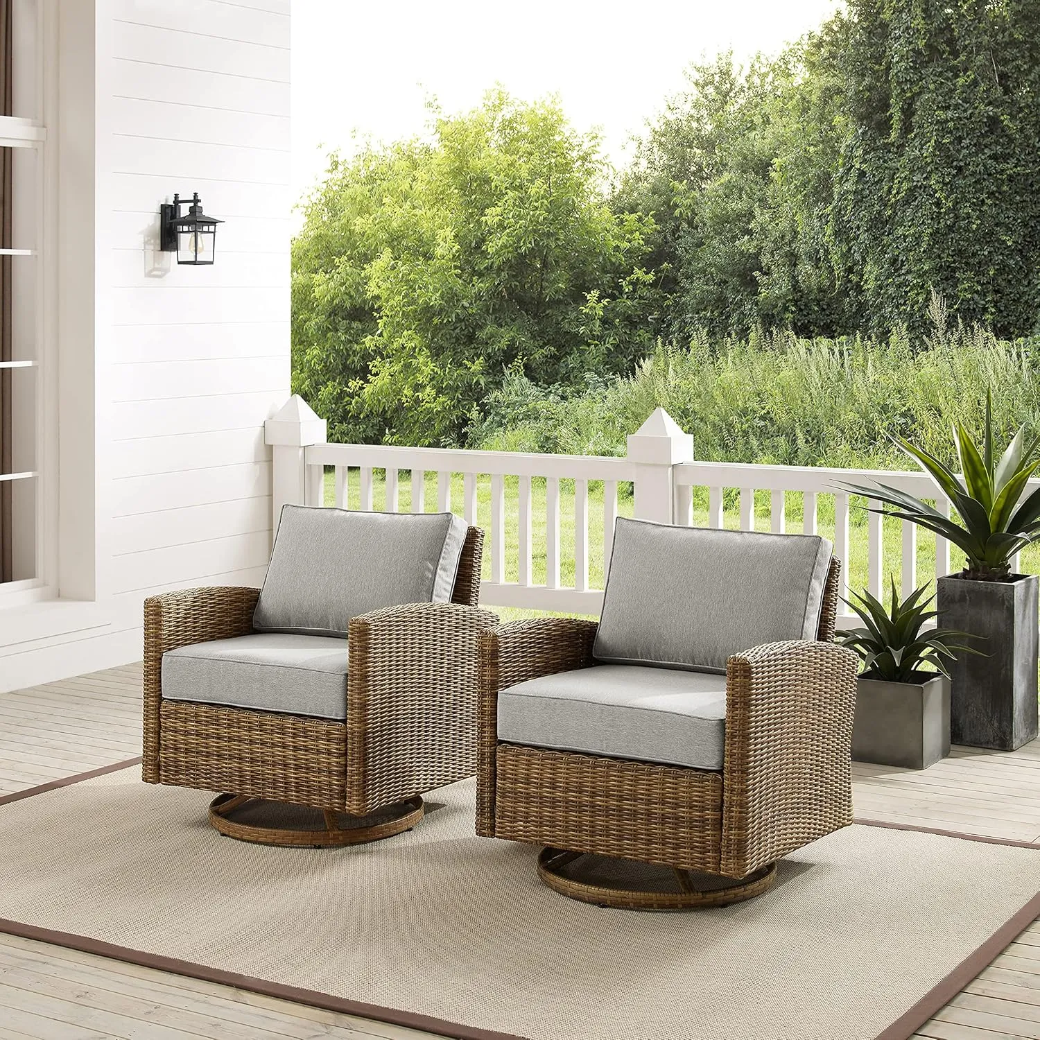 Crosley Furniture Bradenton 2-Piece Swivel Rocker Outdoor Chair Set, Wicker Patio Chairs for Porch, Deck, Brown with Gray Cushions