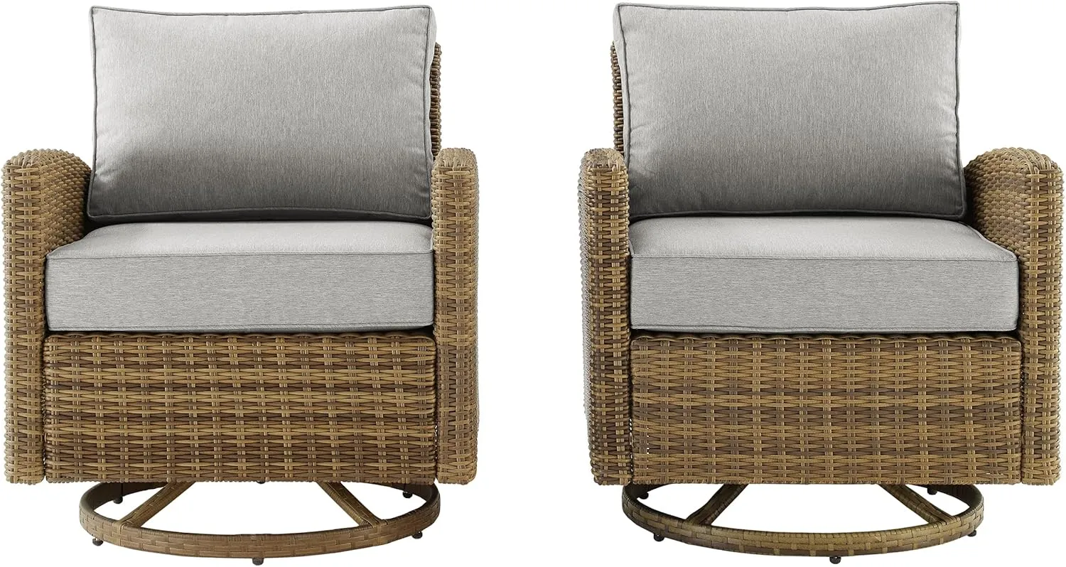 Crosley Furniture Bradenton 2-Piece Swivel Rocker Outdoor Chair Set, Wicker Patio Chairs for Porch, Deck, Brown with Gray Cushions