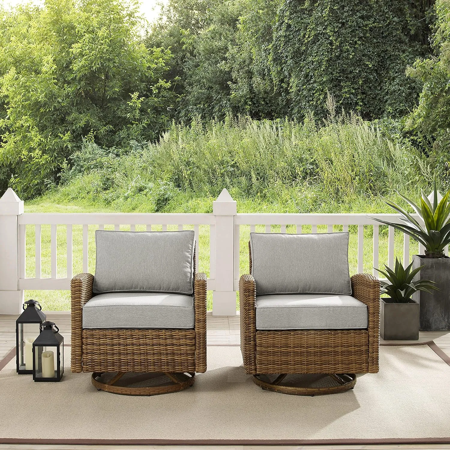 Crosley Furniture Bradenton 2-Piece Swivel Rocker Outdoor Chair Set, Wicker Patio Chairs for Porch, Deck, Brown with Gray Cushions