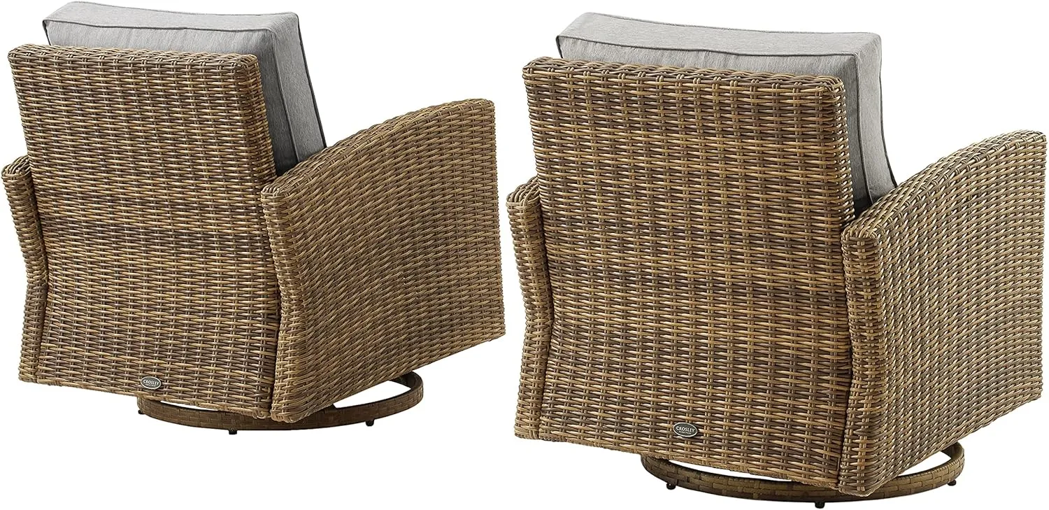Crosley Furniture Bradenton 2-Piece Swivel Rocker Outdoor Chair Set, Wicker Patio Chairs for Porch, Deck, Brown with Gray Cushions