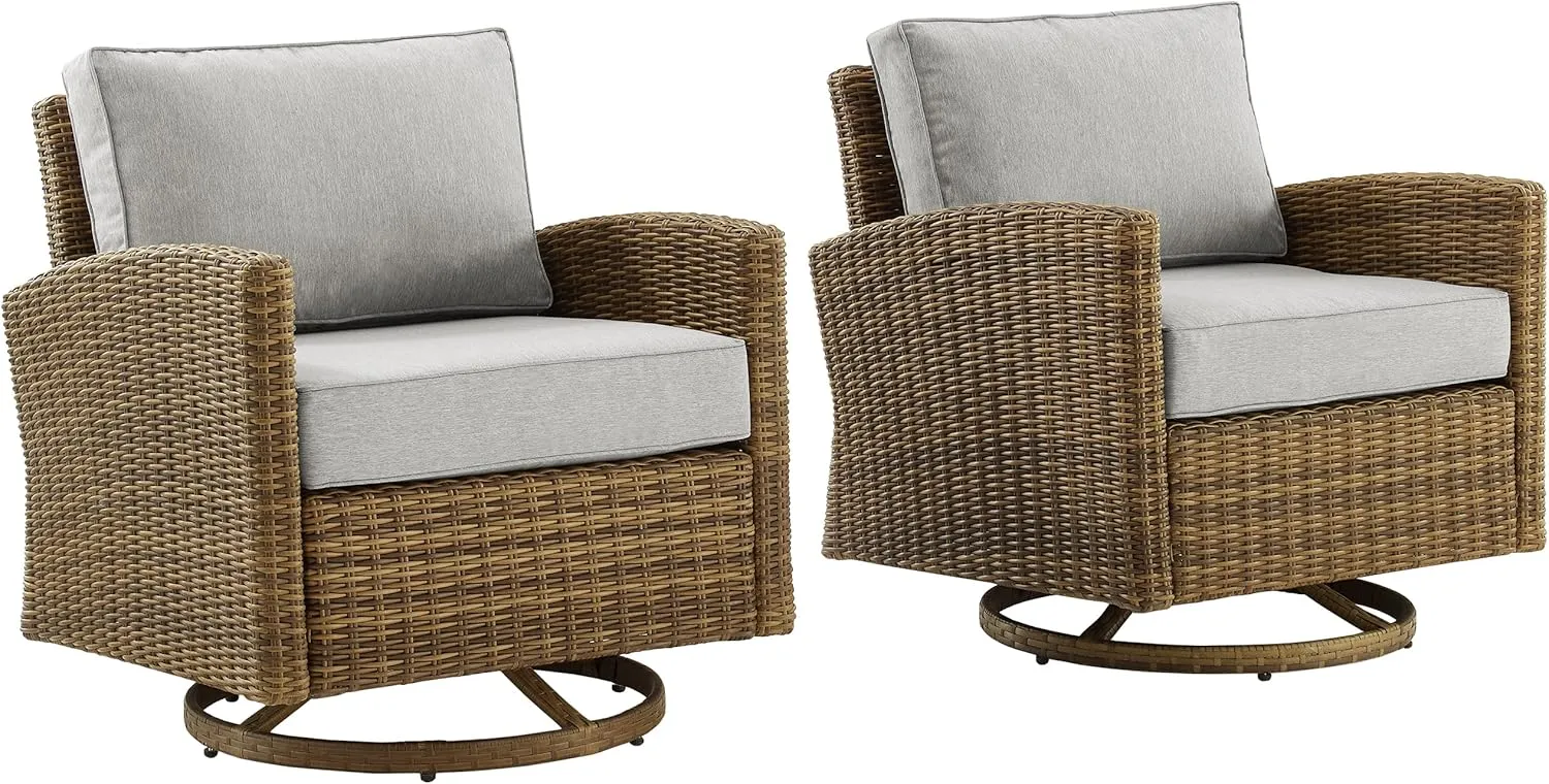 Crosley Furniture Bradenton 2-Piece Swivel Rocker Outdoor Chair Set, Wicker Patio Chairs for Porch, Deck, Brown with Gray Cushions