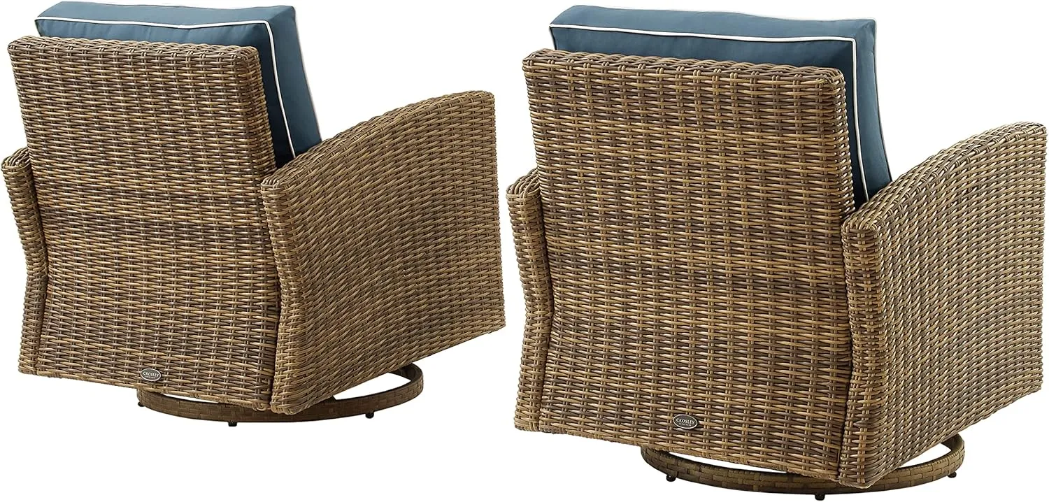 Crosley Furniture Bradenton 2-Piece Swivel Rocker Outdoor Chair Set, Wicker Patio Chairs for Porch, Deck, Brown with Navy Cushions