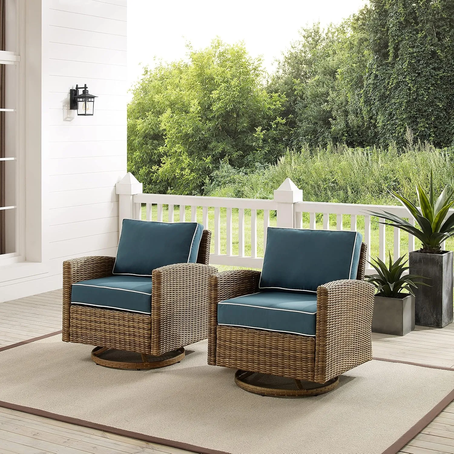 Crosley Furniture Bradenton 2-Piece Swivel Rocker Outdoor Chair Set, Wicker Patio Chairs for Porch, Deck, Brown with Navy Cushions