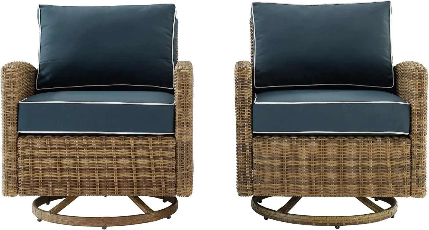 Crosley Furniture Bradenton 2-Piece Swivel Rocker Outdoor Chair Set, Wicker Patio Chairs for Porch, Deck, Brown with Navy Cushions