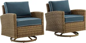 Crosley Furniture Bradenton 2-Piece Swivel Rocker Outdoor Chair Set, Wicker Patio Chairs for Porch, Deck, Brown with Navy Cushions