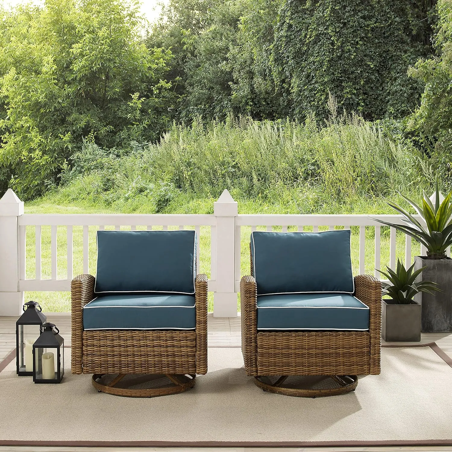 Crosley Furniture Bradenton 2-Piece Swivel Rocker Outdoor Chair Set, Wicker Patio Chairs for Porch, Deck, Brown with Navy Cushions