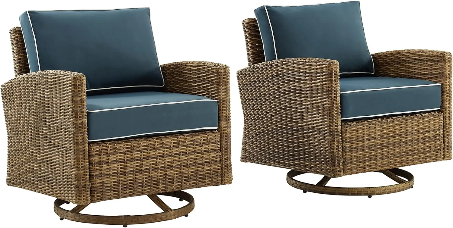Crosley Furniture Bradenton 2-Piece Swivel Rocker Outdoor Chair Set, Wicker Patio Chairs for Porch, Deck, Brown with Navy Cushions