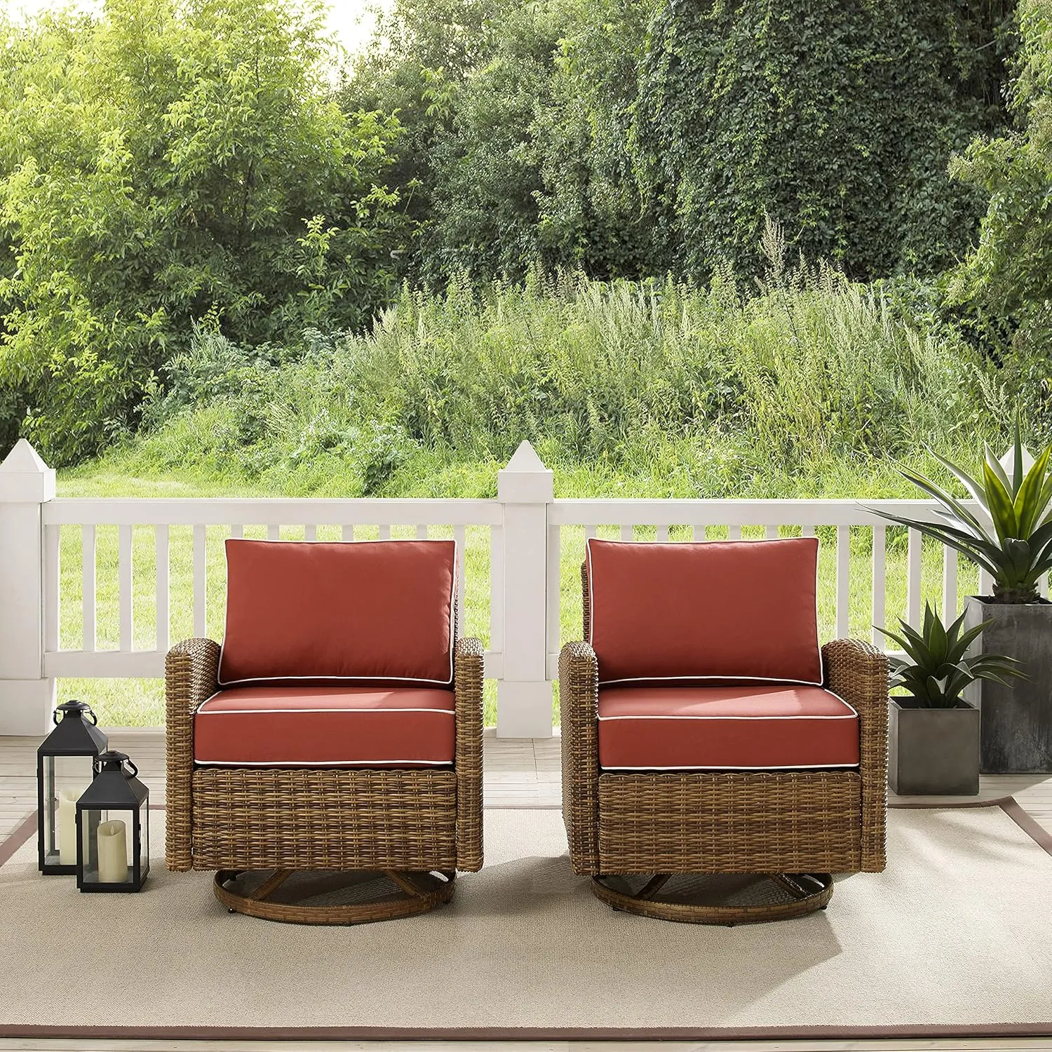 Crosley Furniture Bradenton 2-Piece Swivel Rocker Outdoor Chair Set, Wicker Patio Chairs for Porch, Deck, Brown with Sangria Cushions