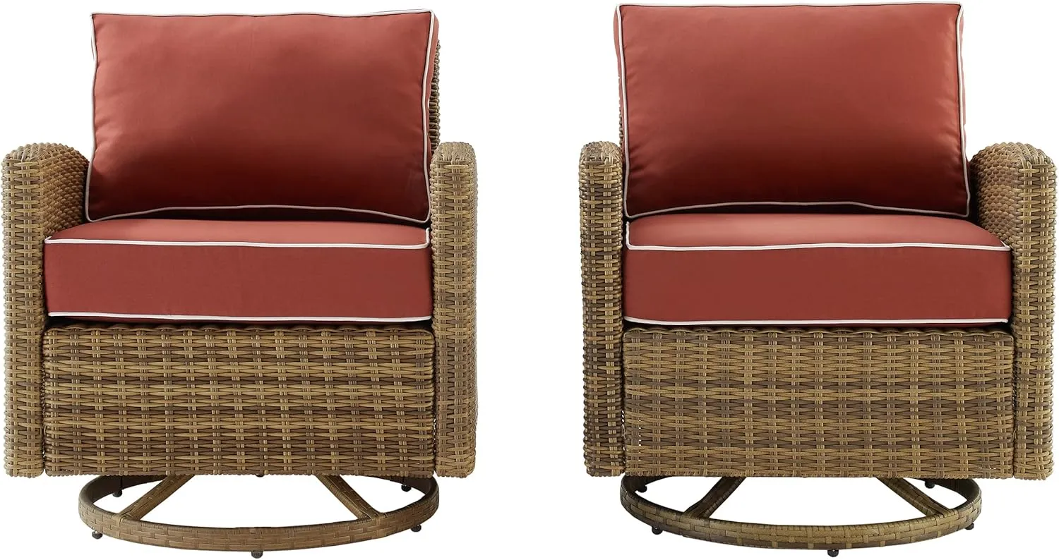Crosley Furniture Bradenton 2-Piece Swivel Rocker Outdoor Chair Set, Wicker Patio Chairs for Porch, Deck, Brown with Sangria Cushions