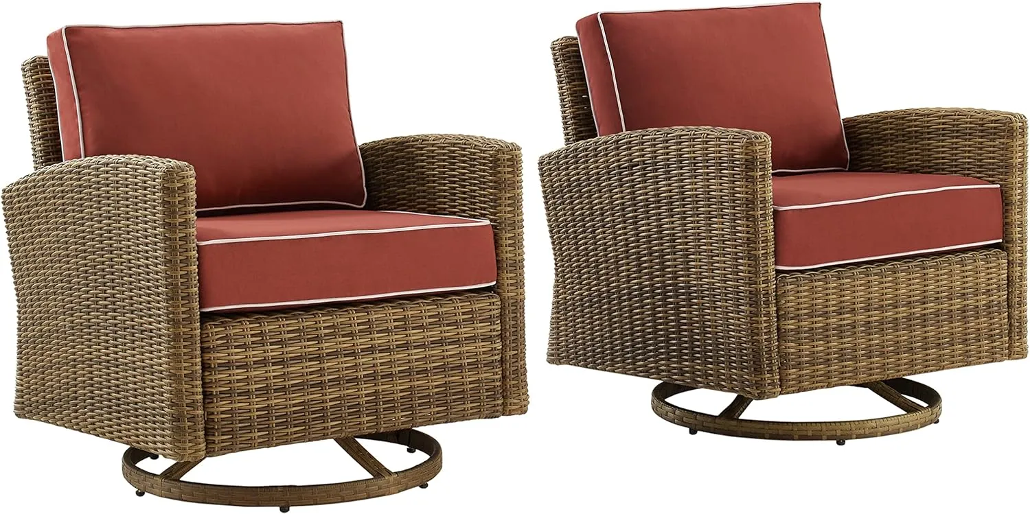 Crosley Furniture Bradenton 2-Piece Swivel Rocker Outdoor Chair Set, Wicker Patio Chairs for Porch, Deck, Brown with Sangria Cushions
