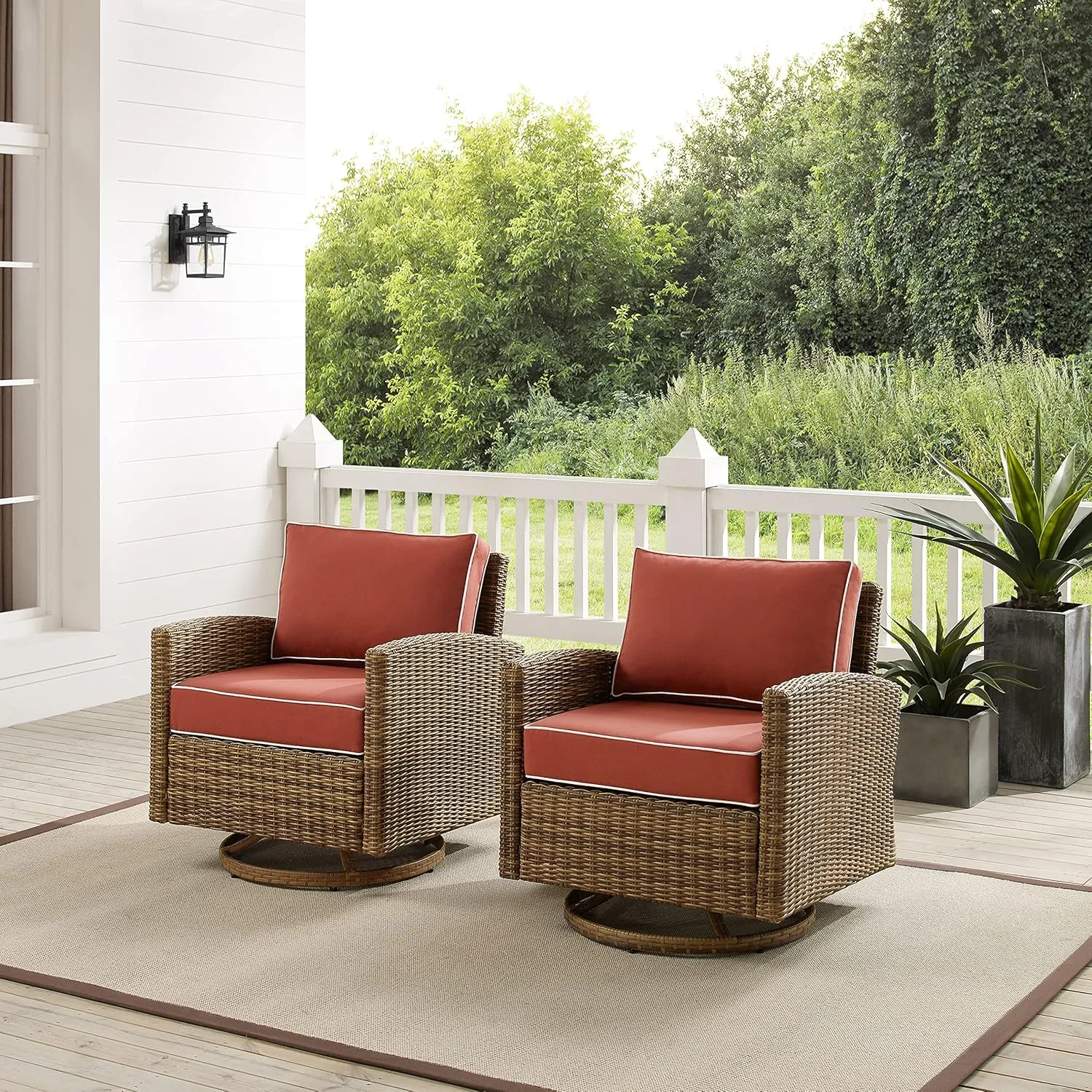Crosley Furniture Bradenton 2-Piece Swivel Rocker Outdoor Chair Set, Wicker Patio Chairs for Porch, Deck, Brown with Sangria Cushions