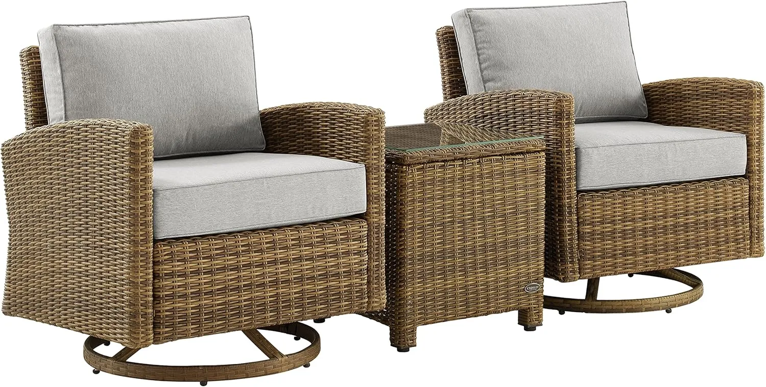 Crosley Furniture Bradenton 3-Piece Wicker Swivel Rocker Outdoor Chair and Side Table Set for Patio, Porch, Brown with Gray Cushions