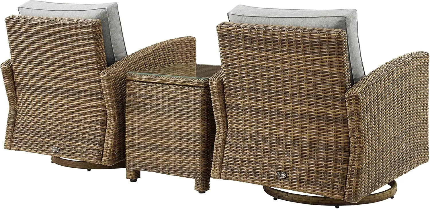 Crosley Furniture Bradenton 3-Piece Wicker Swivel Rocker Outdoor Chair and Side Table Set for Patio, Porch, Brown with Gray Cushions