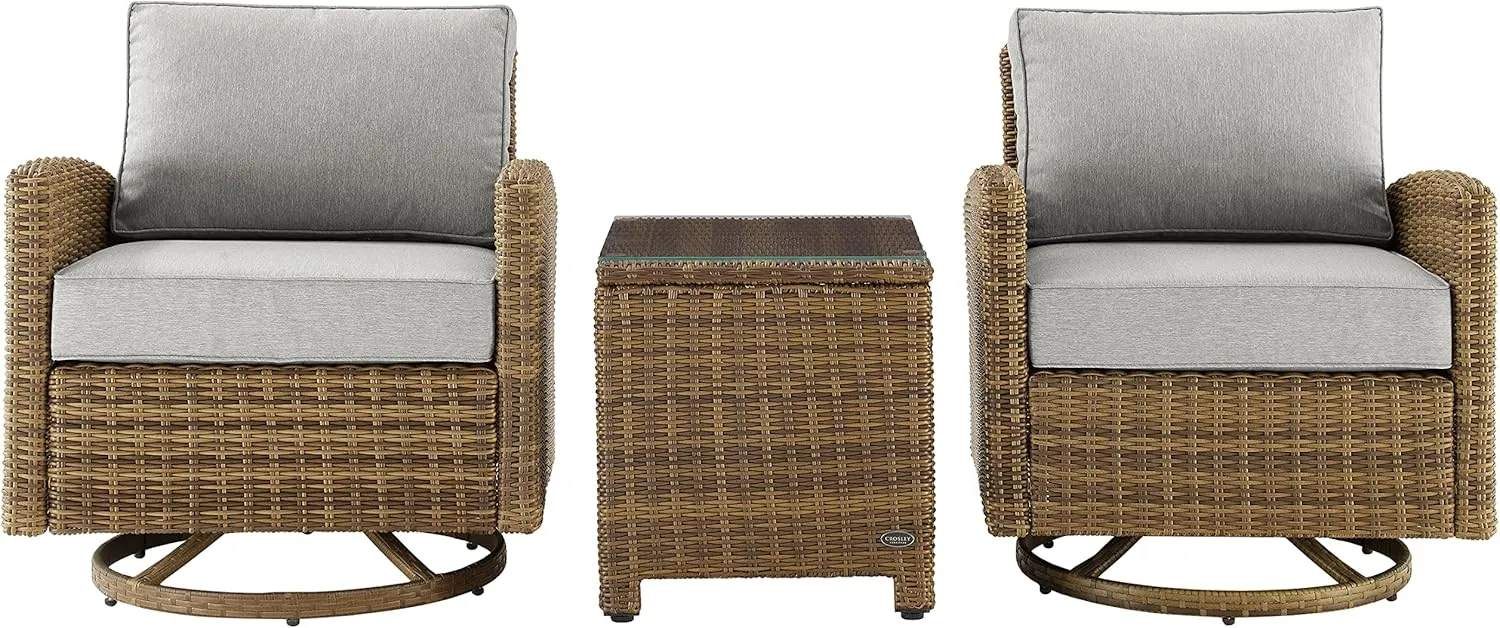 Crosley Furniture Bradenton 3-Piece Wicker Swivel Rocker Outdoor Chair and Side Table Set for Patio, Porch, Brown with Gray Cushions