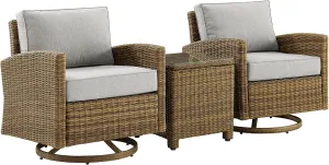 Crosley Furniture Bradenton 3-Piece Wicker Swivel Rocker Outdoor Chair and Side Table Set for Patio, Porch, Brown with Gray Cushions