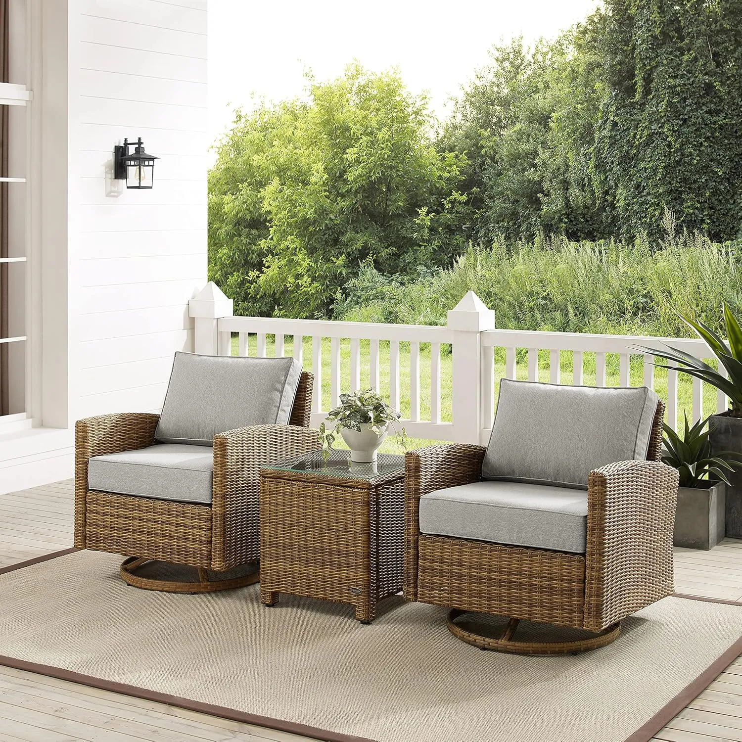 Crosley Furniture Bradenton 3-Piece Wicker Swivel Rocker Outdoor Chair and Side Table Set for Patio, Porch, Brown with Gray Cushions