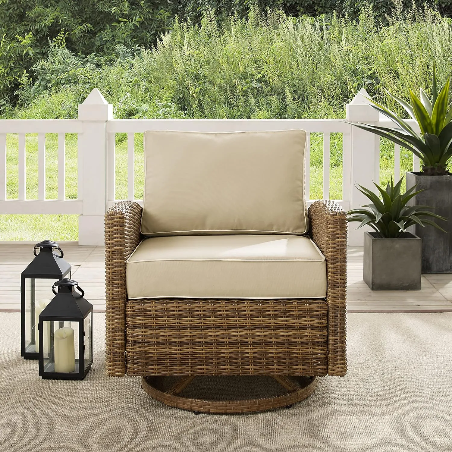 Crosley Furniture Bradenton Swivel Rocker Outdoor Chair, Wicker Patio Chairs for Porch, Deck, Balcony, Brown with Sand Cushions
