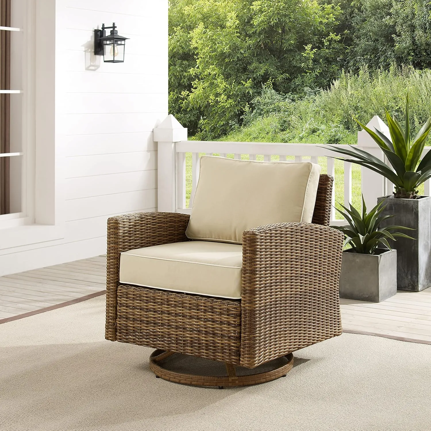 Crosley Furniture Bradenton Swivel Rocker Outdoor Chair, Wicker Patio Chairs for Porch, Deck, Balcony, Brown with Sand Cushions
