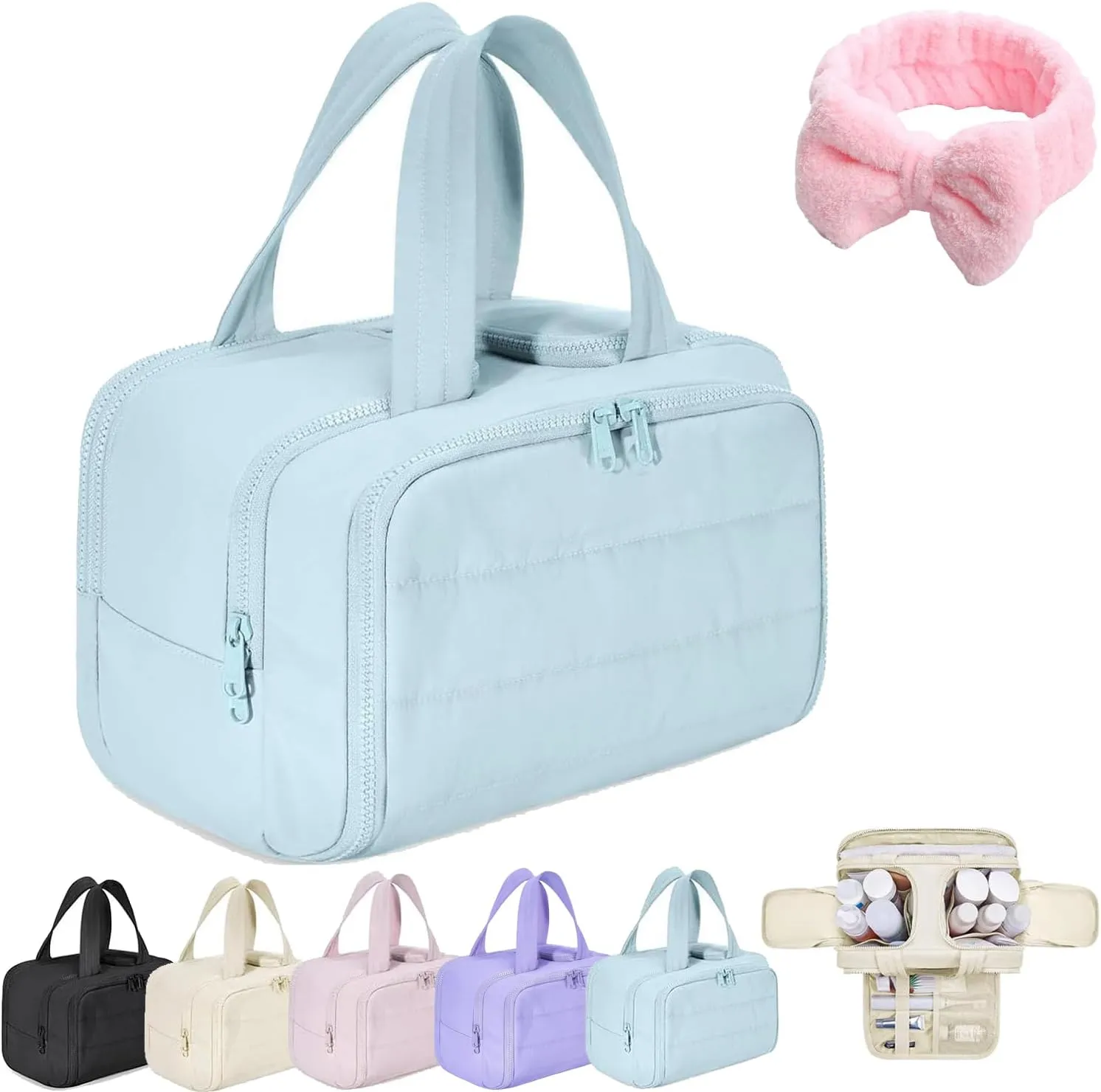 Curetoaway Travel Cosmetic Bag, Large Capacity Wide-Open Travel Cosmetic Bag, Curetoaway Toiletry Bag with 4 Compartments, 0.6lb Ultra Lightweight Toiletry Organizer with Handle (Blue)