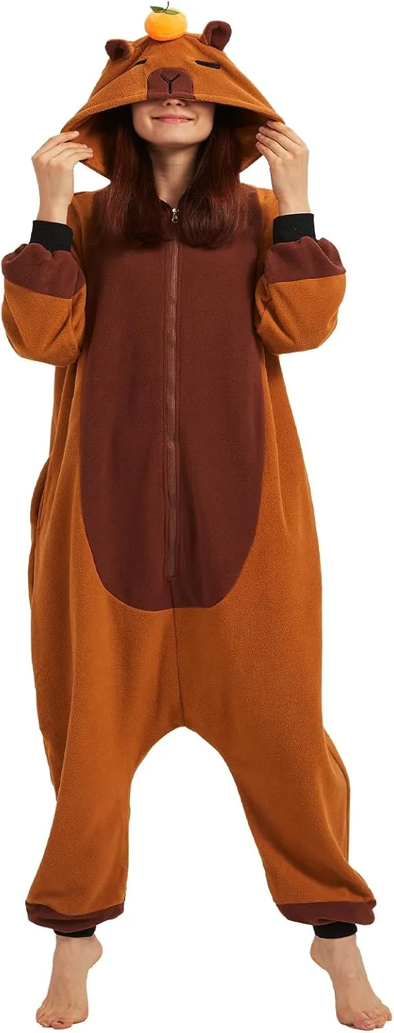 Cute Capybara Onesie Pajamas Adult Halloween Onesie Pajamas with Orange Hood