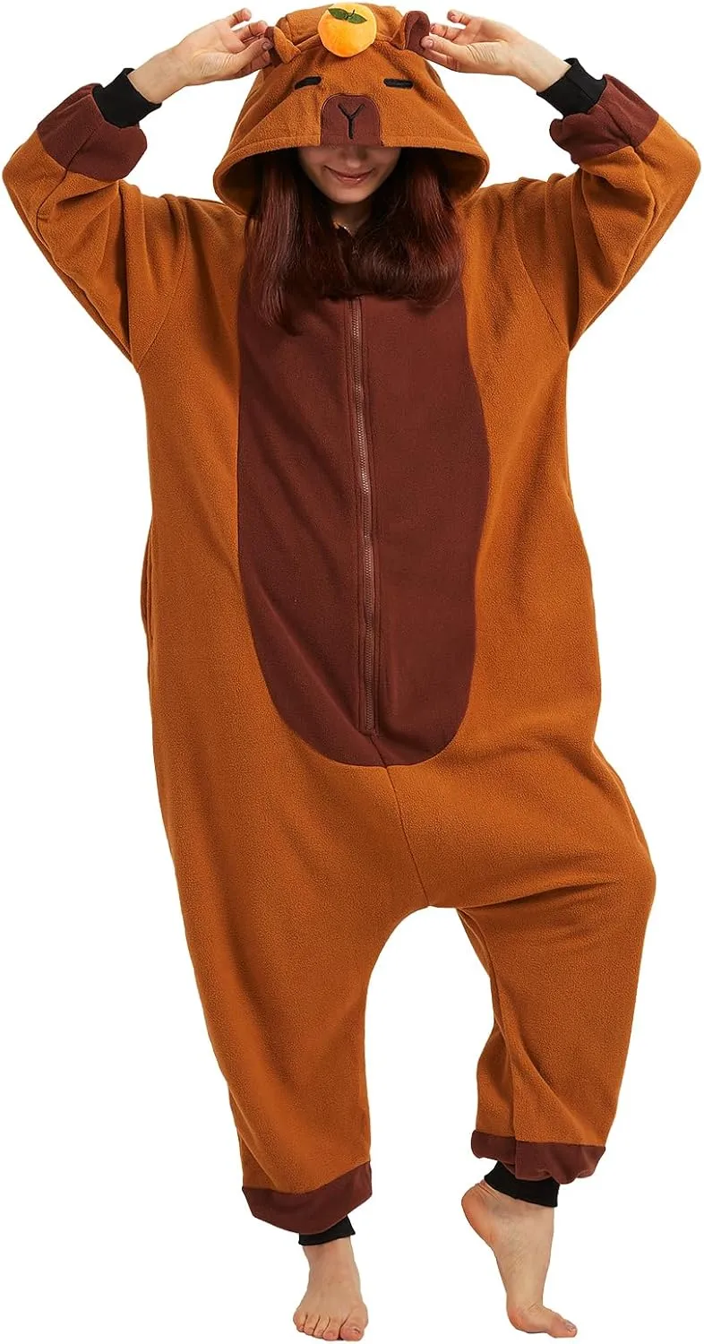 Cute Capybara Onesie Pajamas Adult Halloween Onesie Pajamas with Orange Hood