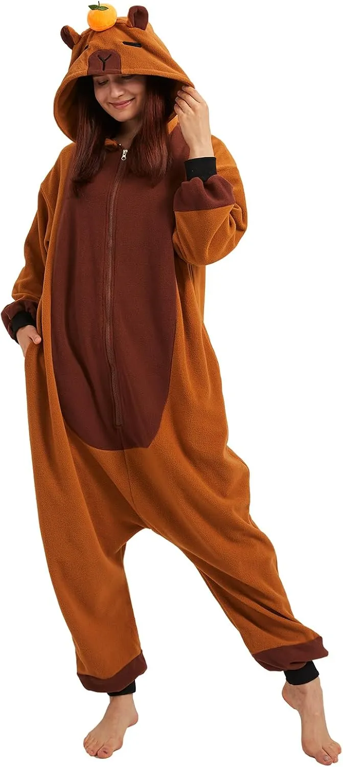 Cute Capybara Onesie Pajamas Adult Halloween Onesie Pajamas with Orange Hood