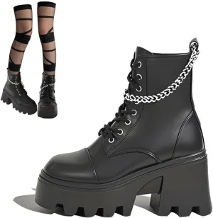 Cute Goth Boots with Chain Charms High Heels Platform Chunky Plus-Size Lace-up Zipper Comfy Non Slip Lightweight Softy Shoes Edgy Punk Rock Y2K Pretty Fashion for Women