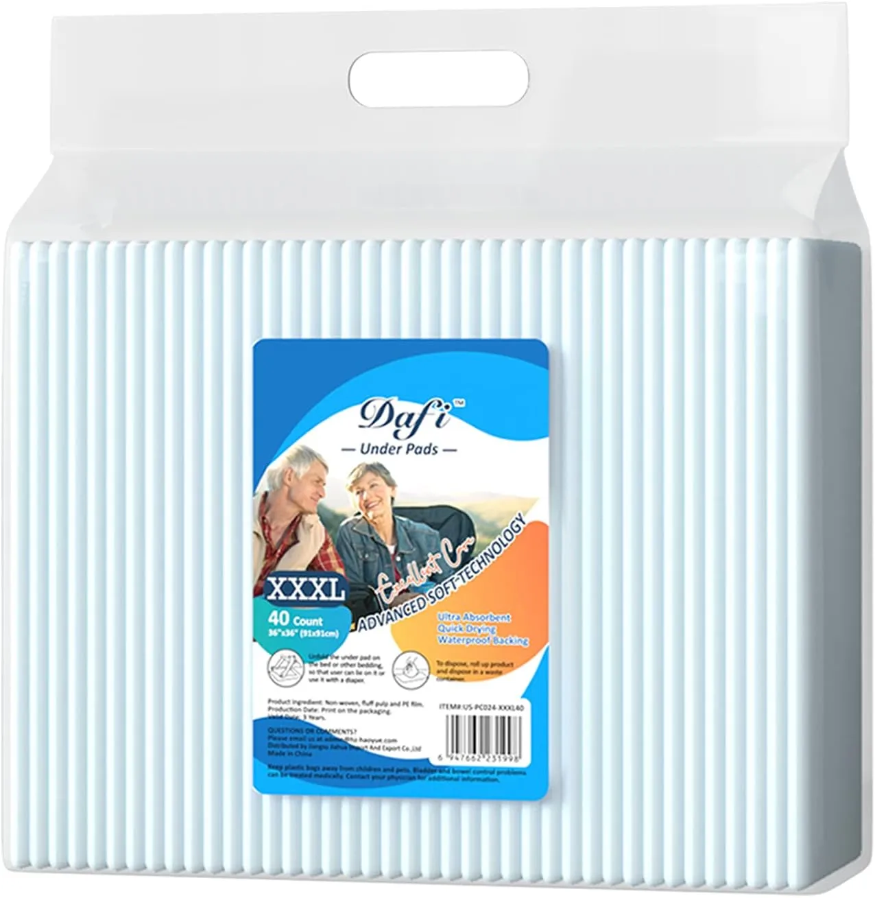 DAFI Disposable Bed Pads Extra Large 36”x 36”(40 Count) Adult Incontinence Underpads, Effective Odor Control Pee Pads, Chucks Pads, Super Absorbent Protection for Elderly, Adults, Baby