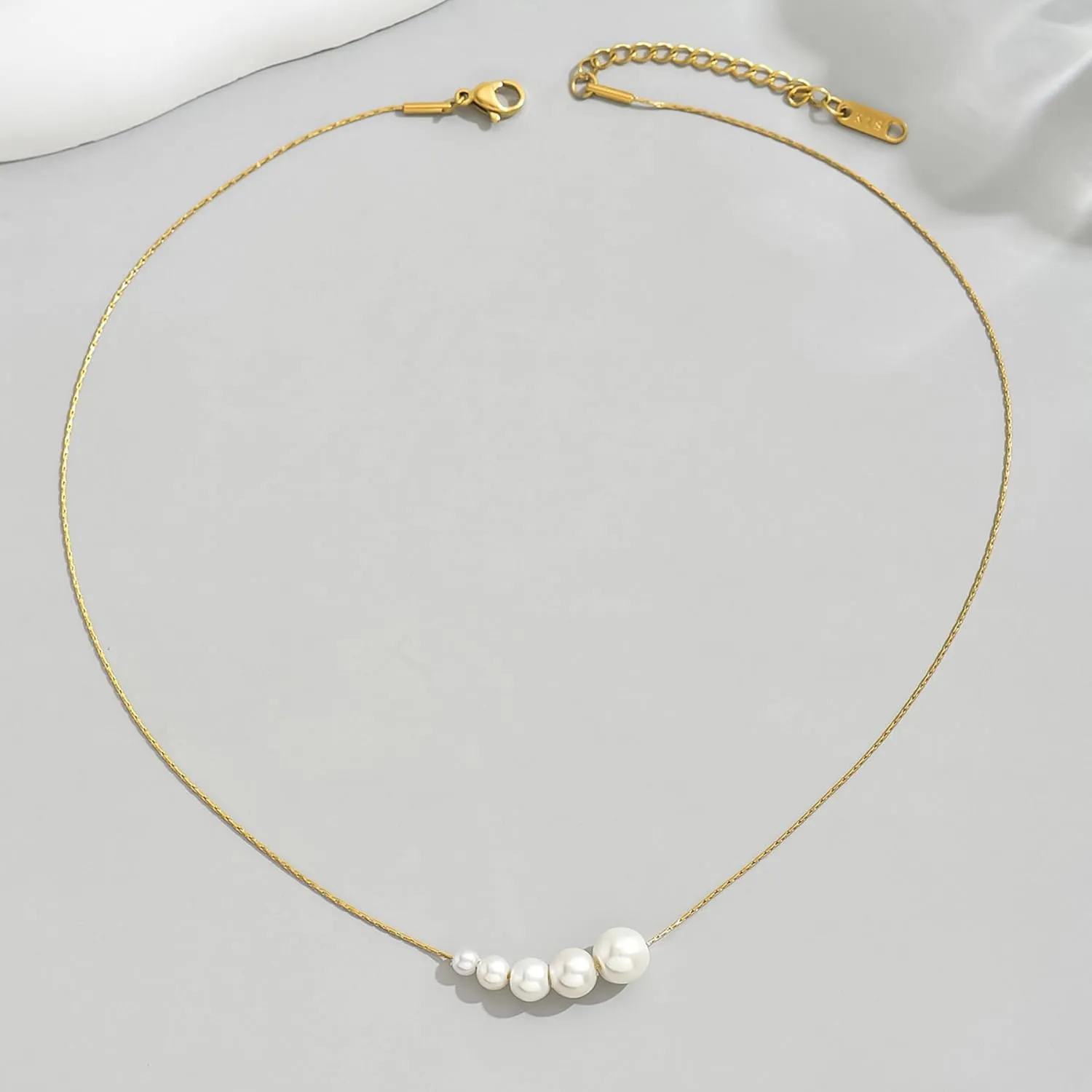 Dainty Gold Barque Pearl Beaded Chain Necklace - Adjustable, Simple Gold Pearl Pendant - Bridesmaid, Wedding Jewelry