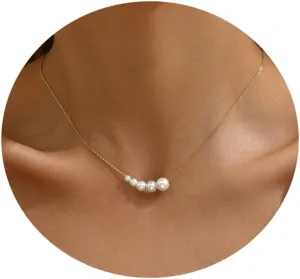 Dainty Gold Barque Pearl Beaded Chain Necklace - Adjustable, Simple Gold Pearl Pendant - Bridesmaid, Wedding Jewelry