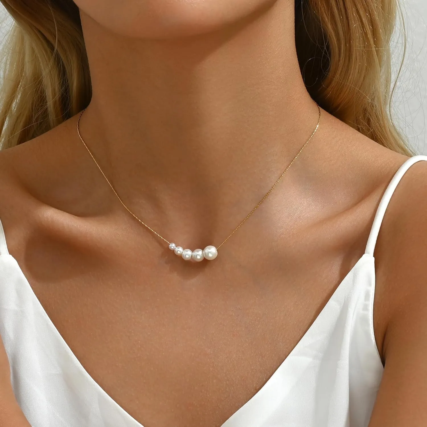 Dainty Gold Barque Pearl Beaded Chain Necklace - Adjustable, Simple Gold Pearl Pendant - Bridesmaid, Wedding Jewelry