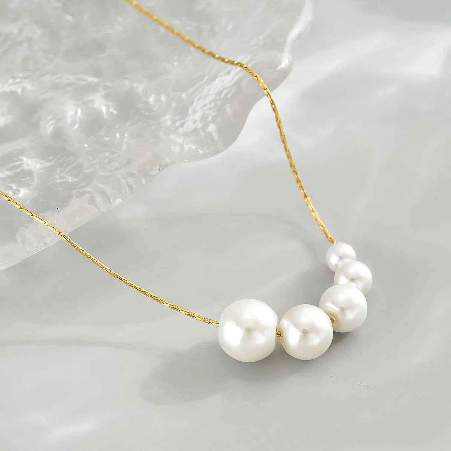Dainty Gold Barque Pearl Beaded Chain Necklace - Adjustable, Simple Gold Pearl Pendant - Bridesmaid, Wedding Jewelry