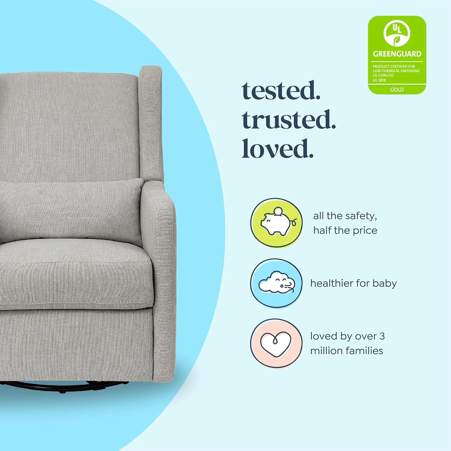 DaVinci Carter’s Arlo Glider Recliner Nursery Chair - Water & Stain Resistant Glider Rocking Chair for Nursery - GREENGUARD Gold, FSC & Certi-PUR US Certified - Cozy Swivel Rocker Recliner - Grey