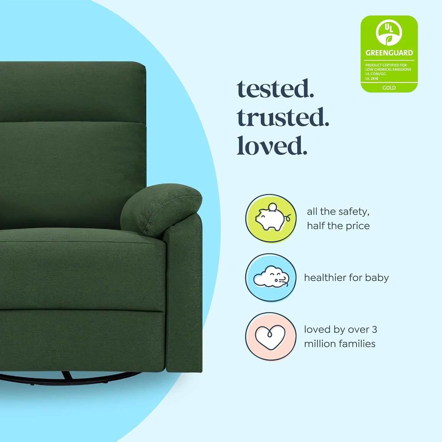 DaVinci Suzy Glider Recliner Nursery Chair - Versatile Glider Rocking Chair for Nursery and Living Room - GREENGUARD Gold, FSC & Certi-PUR US Certified - 360° Swivel Rocker Recliner - Pine Green