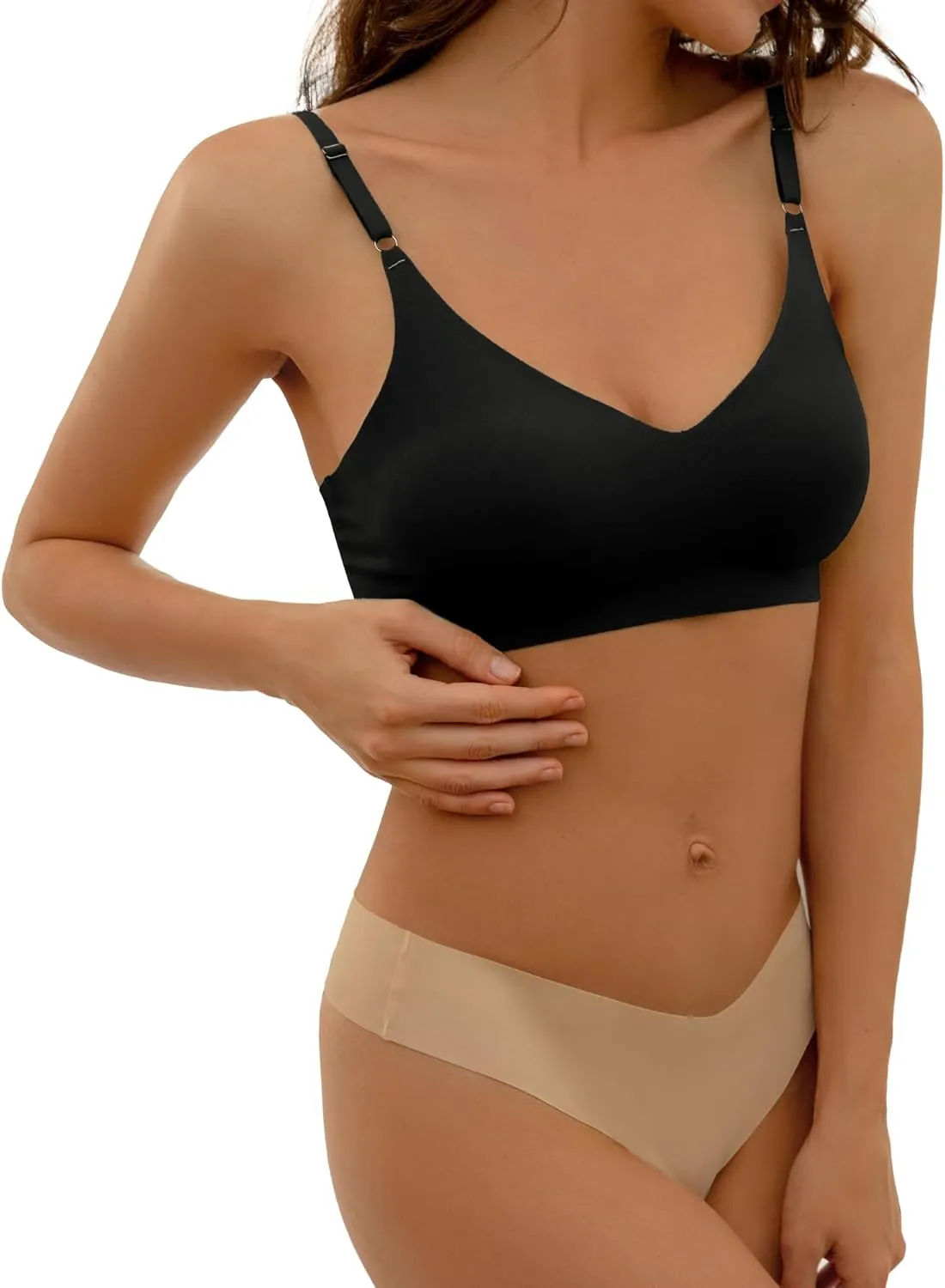 DEANGELMON V Neck Bra Padded Seamless Adjustable Straps Bralettes Everyday Basic Sleeping Bras Multiple Pack