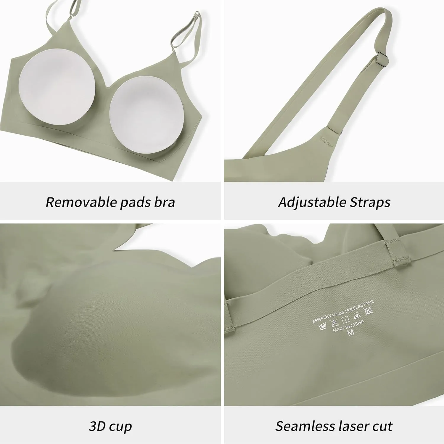 DEANGELMON V Neck Bra Padded Seamless Adjustable Straps Bralettes Everyday Basic Sleeping Bras Multiple Pack