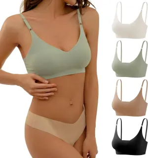 DEANGELMON V Neck Bra Padded Seamless Adjustable Straps Bralettes Everyday Basic Sleeping Bras Multiple Pack