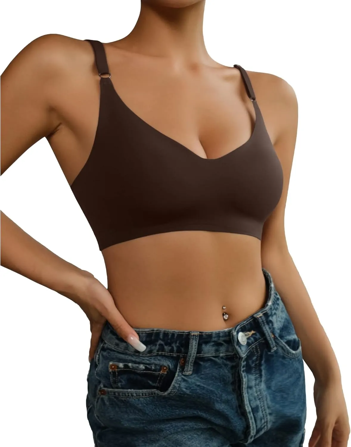 DEANGELMON V Neck Bra Padded Seamless Adjustable Straps Bralettes Everyday Basic Sleeping Bras Multiple Pack