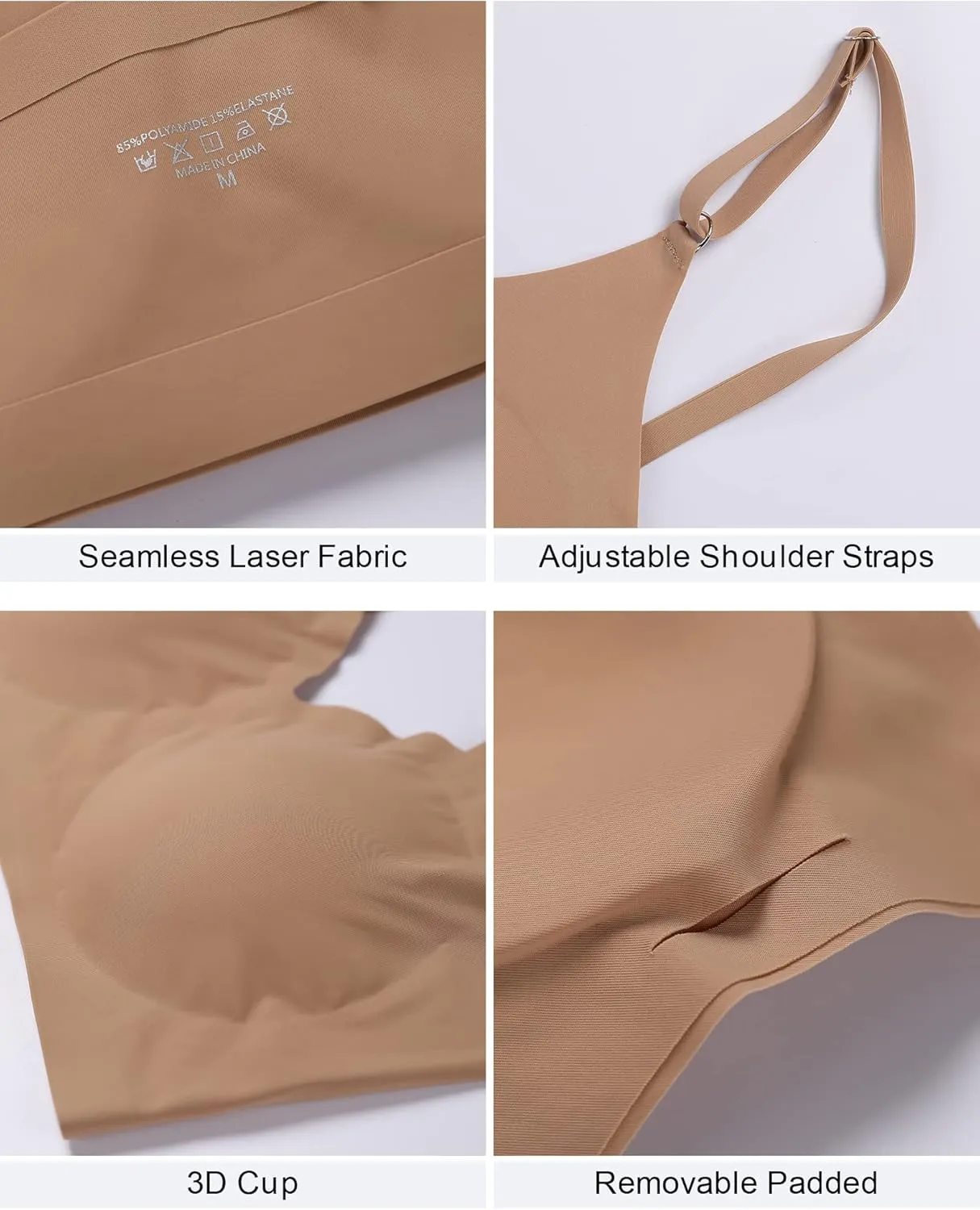 DEANGELMON V Neck Bra Padded Seamless Adjustable Straps Bralettes Everyday Basic Sleeping Bras Multiple Pack