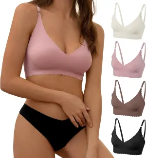 DEANGELMON V Neck Bra Padded Seamless Adjustable Straps Bralettes Everyday Basic Sleeping Bras Multiple Pack