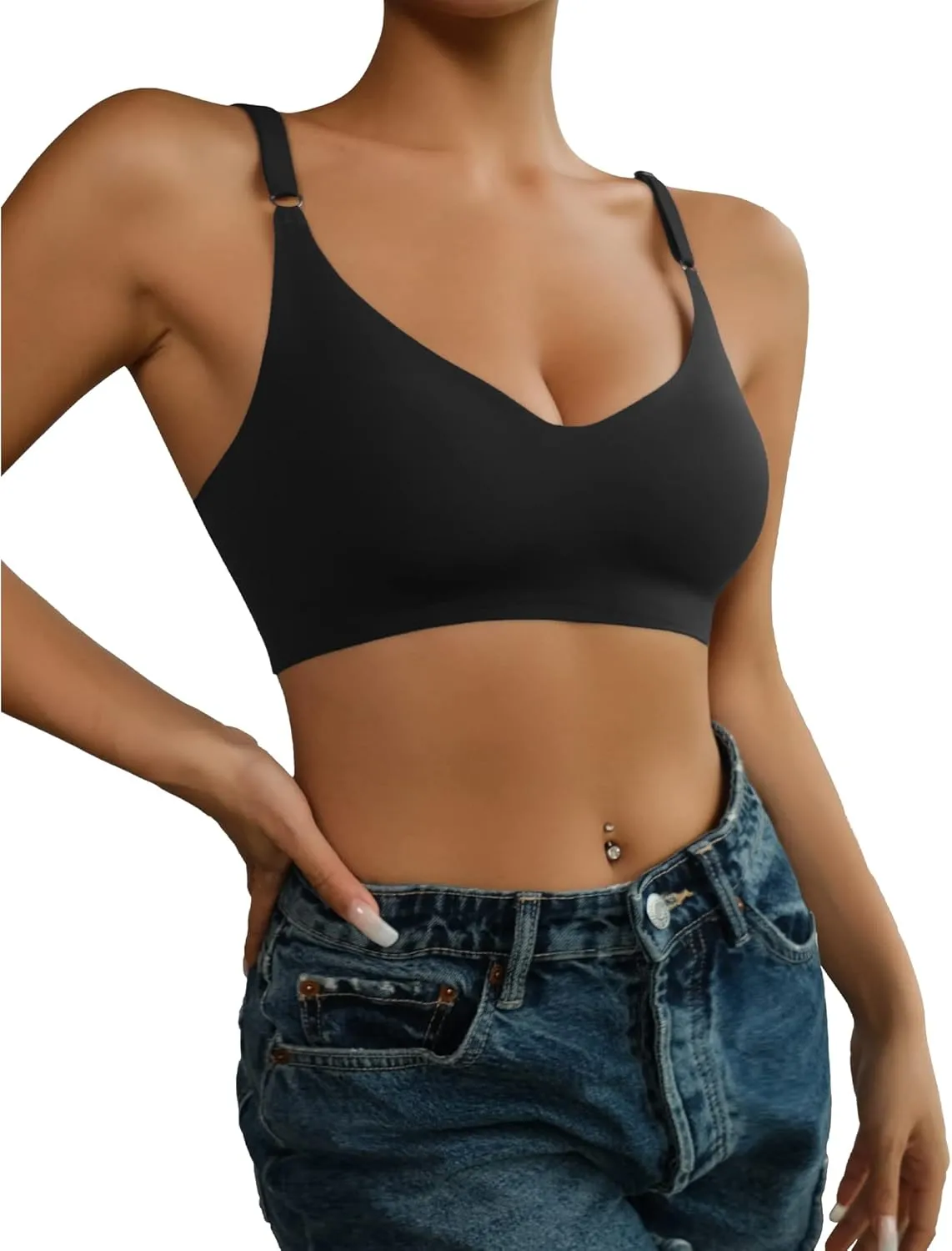 DEANGELMON V Neck Bra Padded Seamless Adjustable Straps Bralettes Everyday Basic Sleeping Bras Multiple Pack
