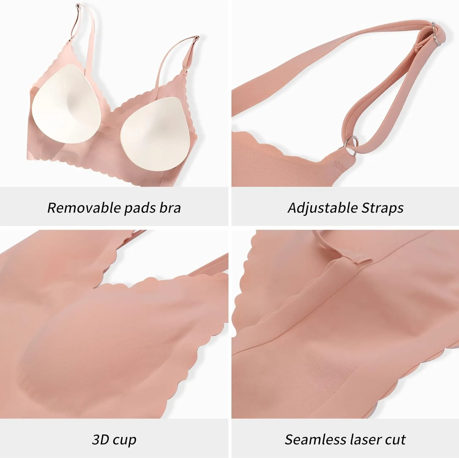 DEANGELMON V Neck Bra Padded Seamless Adjustable Straps Bralettes Everyday Basic Sleeping Bras Multiple Pack