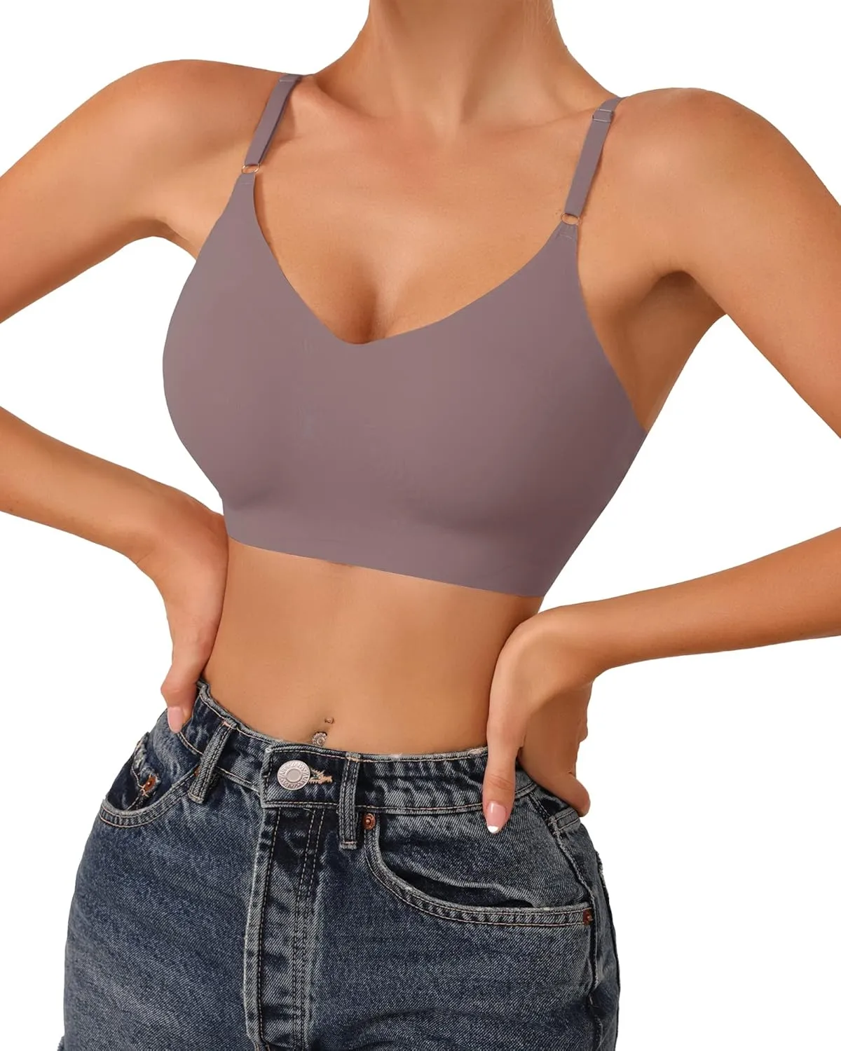 DEANGELMON V Neck Bra Padded Seamless Adjustable Straps Bralettes Everyday Basic Sleeping Bras Multiple Pack