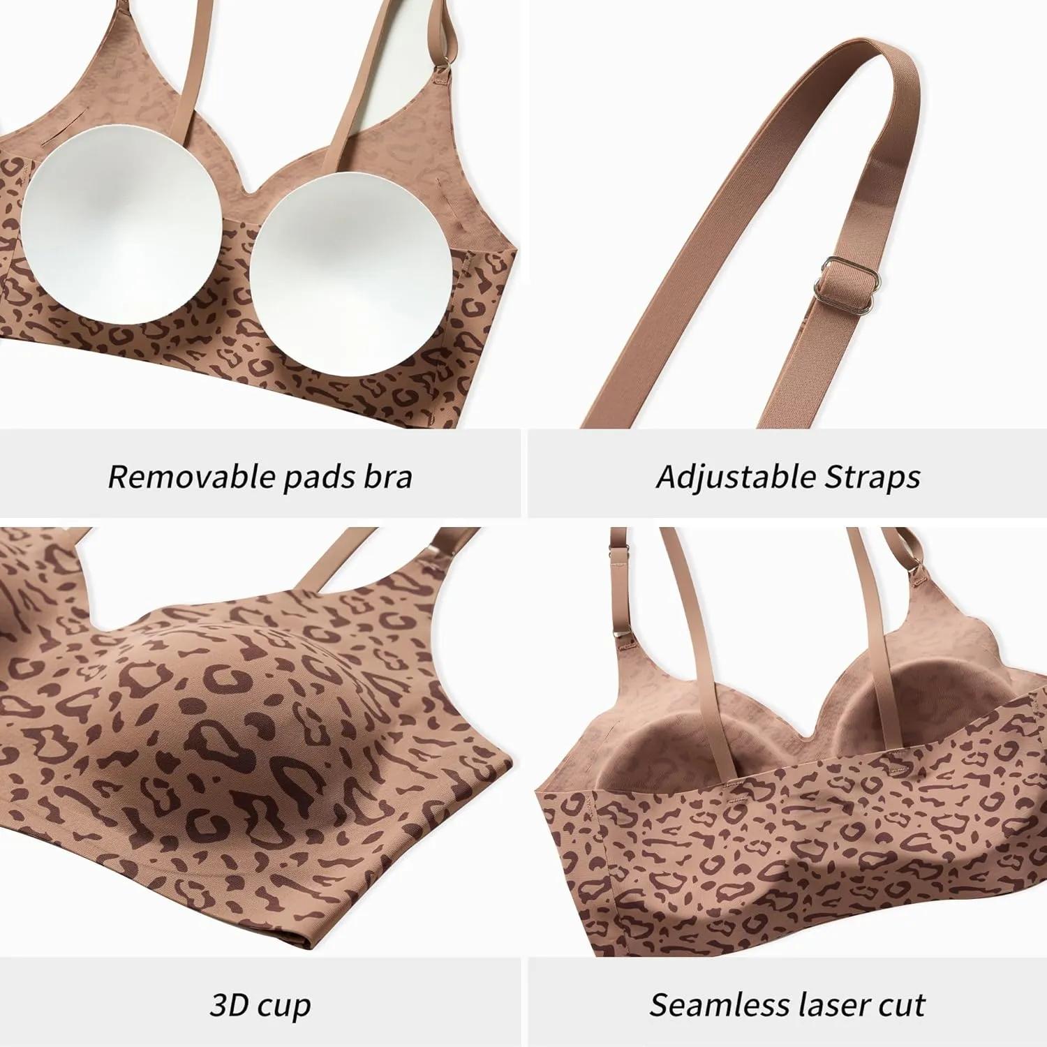 DEANGELMON V Neck Bra Padded Seamless Adjustable Straps Bralettes Everyday Basic Sleeping Bras Multiple Pack