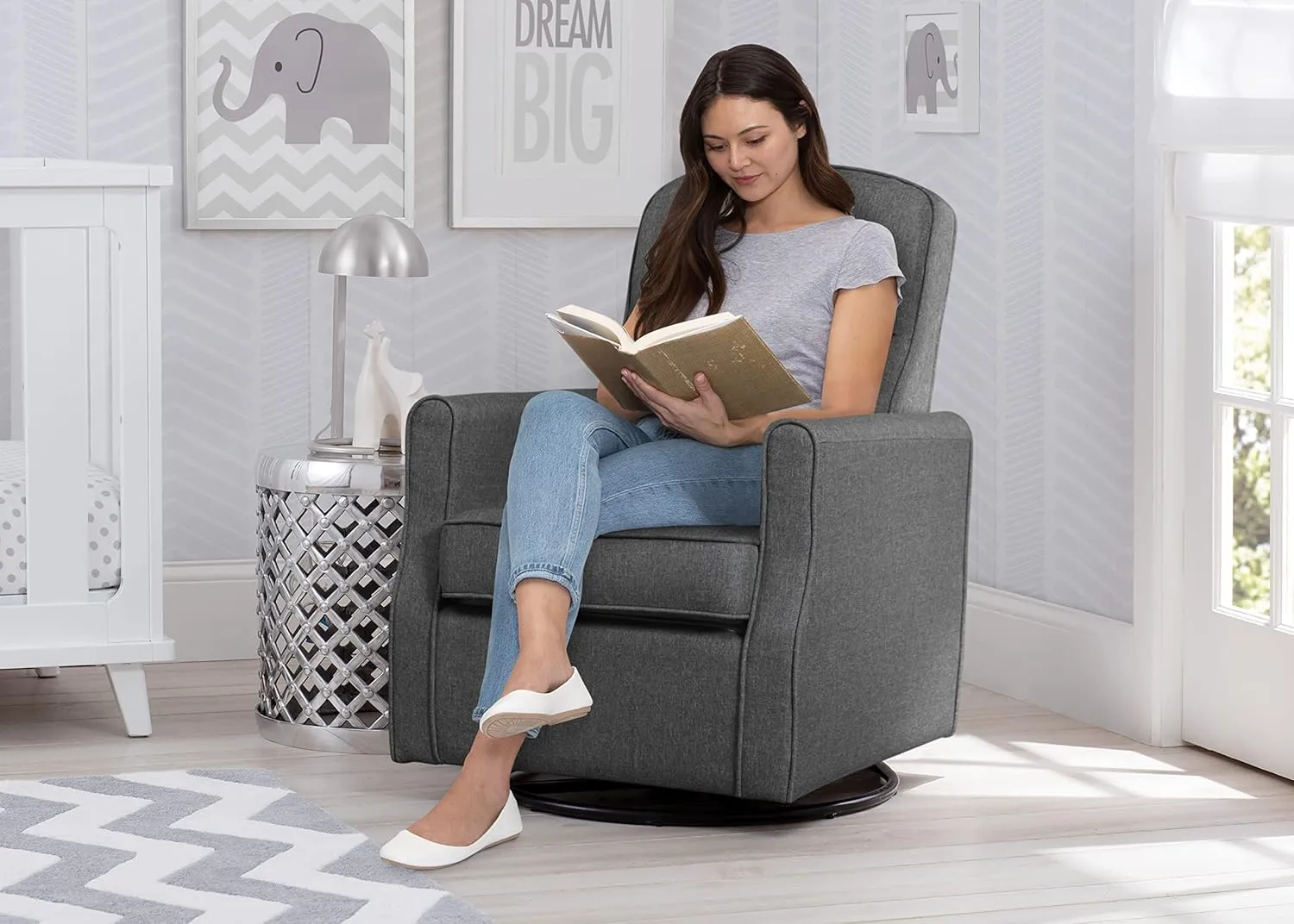 Delta Children Blair Slim Nursery Glider Swivel Rocker Chair, Charcoal