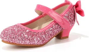 Didida Girl Dress Shoes, Glitter Heel Shoes for Girls, Mary Jane Pumps with Bow