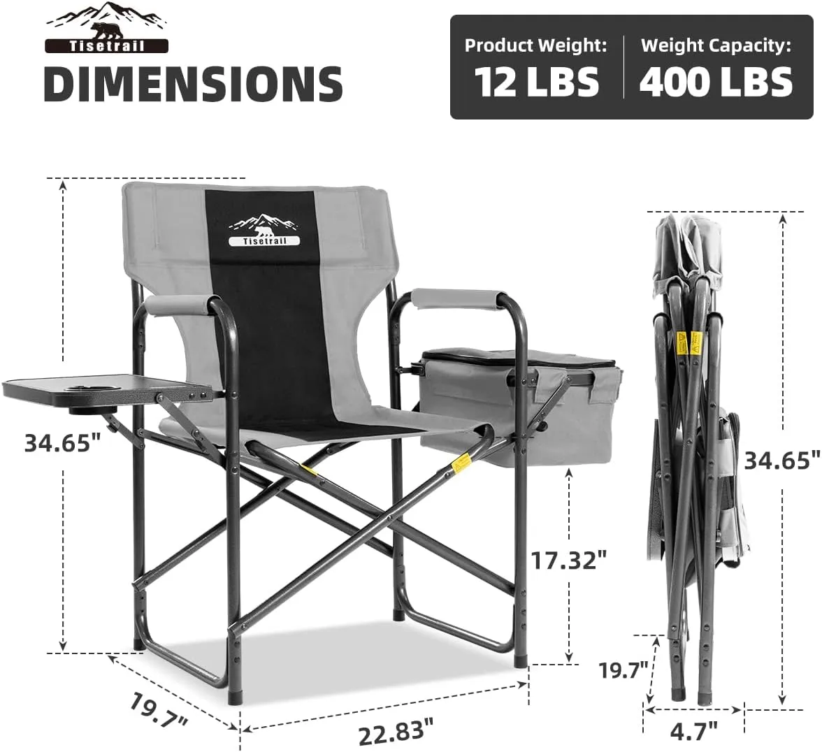 Director Camping Chairs with Cooler Bag & Foldable Side Tray - Set of 2 Heavy-Duty Outdoor Folding Lawn Chairs (400lbs Capacity, Black & Gray)
