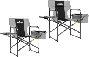 Director Camping Chairs with Cooler Bag & Foldable Side Tray - Set of 2 Heavy-Duty Outdoor Folding Lawn Chairs (400lbs Capacity, Black & Gray)