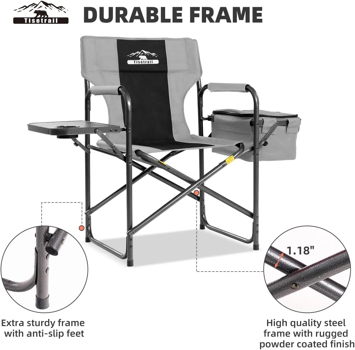 Director Camping Chairs with Cooler Bag & Foldable Side Tray - Set of 2 Heavy-Duty Outdoor Folding Lawn Chairs (400lbs Capacity, Black & Gray)